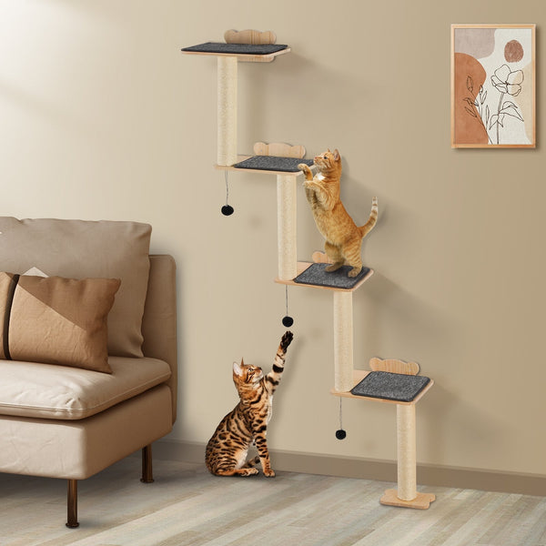 HKM-9867453 Wall Mounted Cat Shelf Tree with Climbing Platforms, Posts, and Toy Balls
