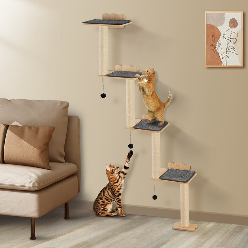 HKM-9867453 Wall Mounted Cat Shelf Tree with Climbing Platforms, Posts, and Toy Balls