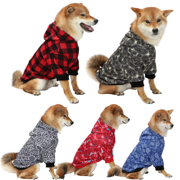 HKM-9869245 Thick Plaid Hooded Two-Leg Dog Sweater in Black and Red, Blue, or White Paisley