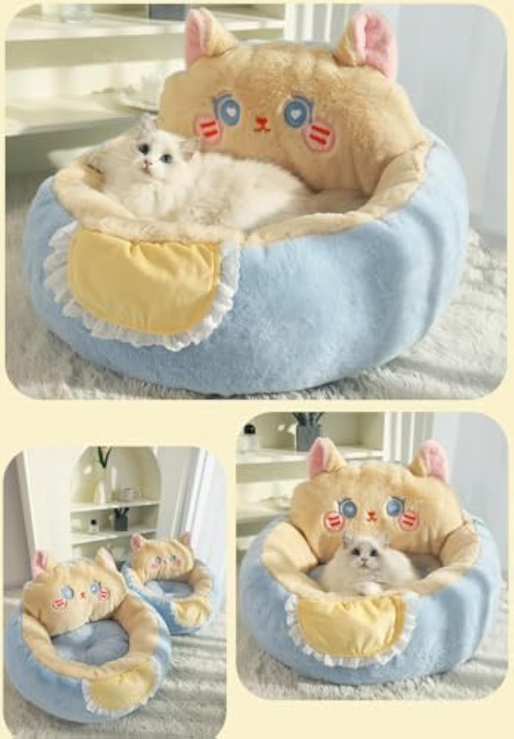 HKM-9871421 Cozy Cat and Dog Bed Tent with Removable Washable Cushion - Fluffy Plush Pet Cave for Ultimate Comfort