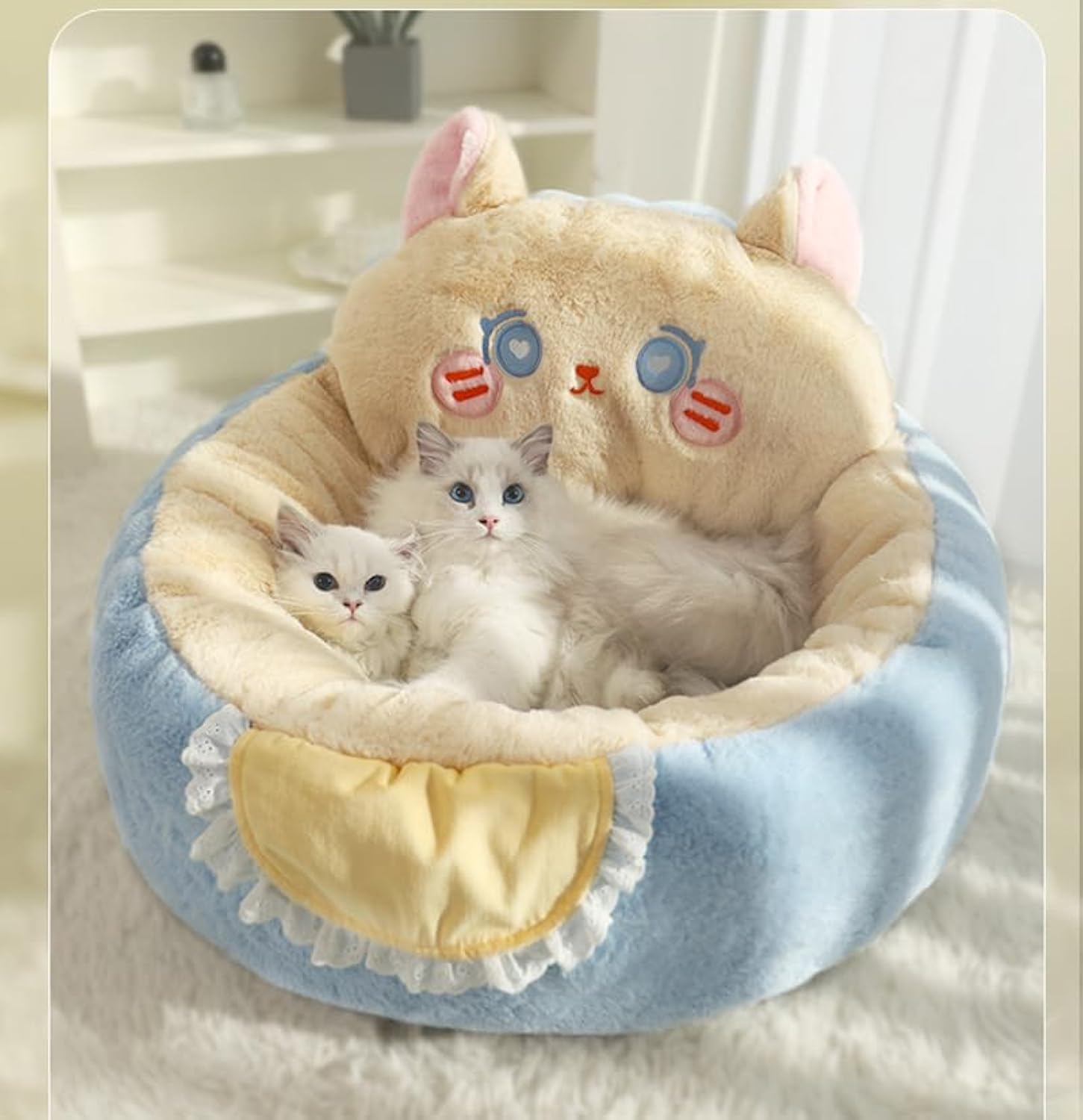 HKM-9871421 Cozy Cat and Dog Bed Tent with Removable Washable Cushion - Fluffy Plush Pet Cave for Ultimate Comfort