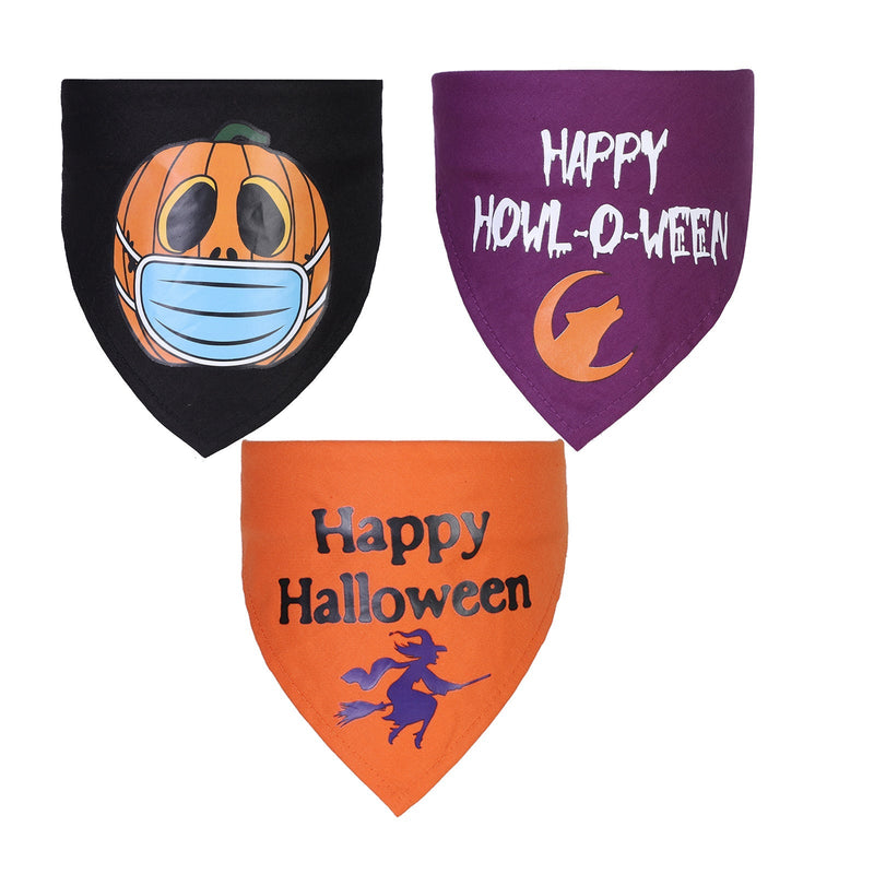 HKM-9877309 Halloween Triangle Scarf for Dogs and Cats with Spooky Patterns in Purple and Orange