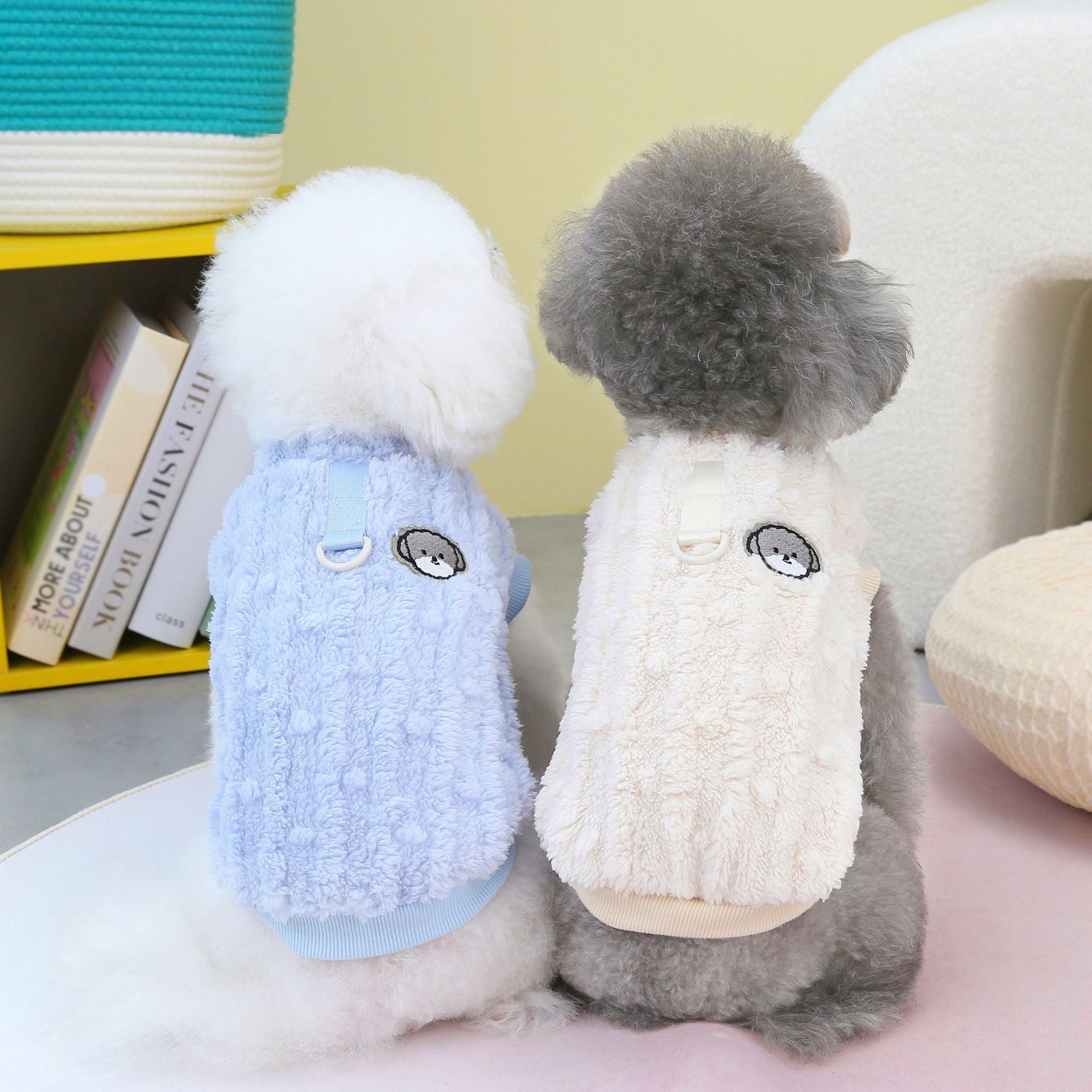 HKM-9880253 Fur Ball Fluffy Jacket for Pets - Coral Fleece, Blue, Khaki, Pink, Yellow, Sizes S-XXL