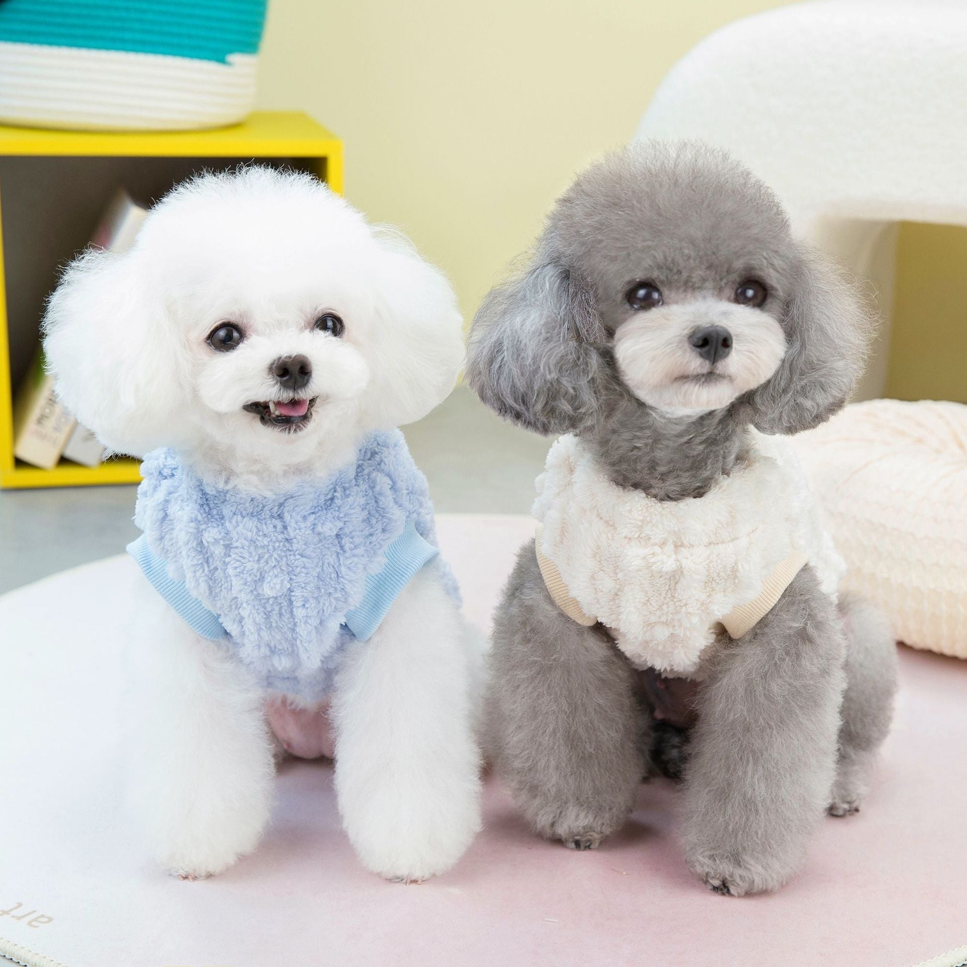 HKM-9880253 Fur Ball Fluffy Jacket for Pets - Coral Fleece, Blue, Khaki, Pink, Yellow, Sizes S-XXL