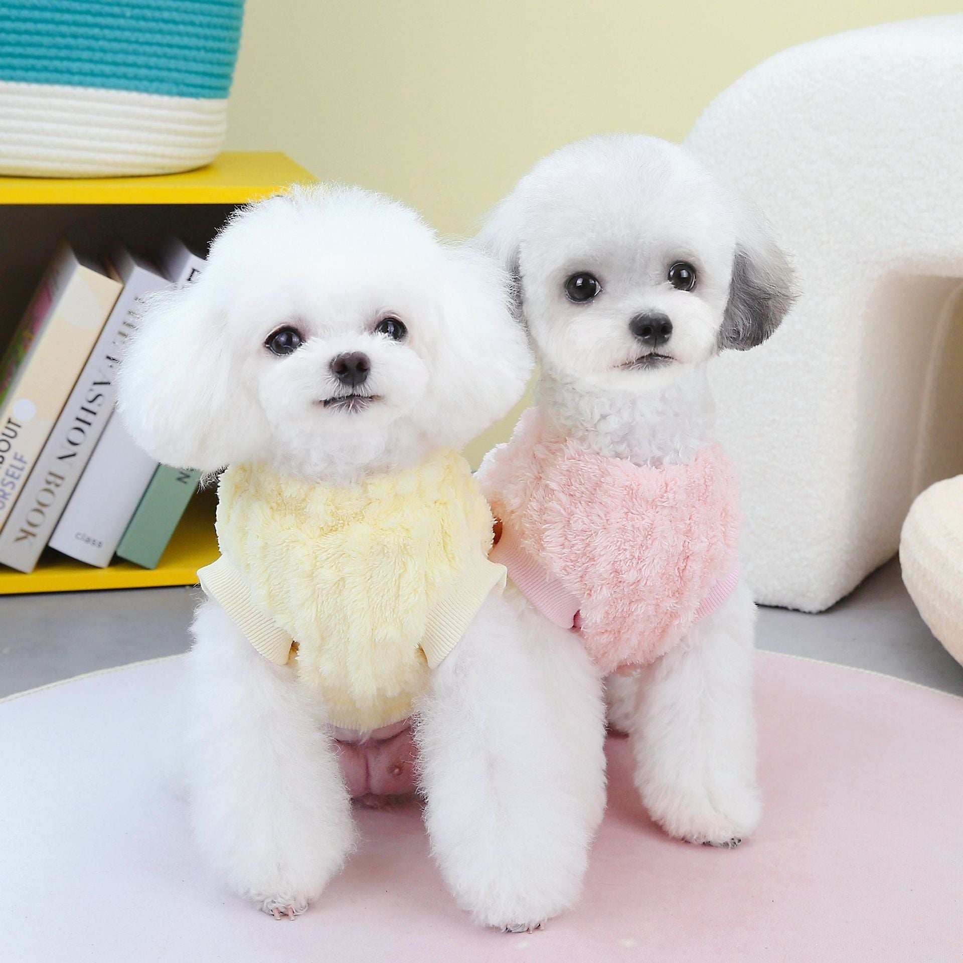 HKM-9880253 Fur Ball Fluffy Jacket for Pets - Coral Fleece, Blue, Khaki, Pink, Yellow, Sizes S-XXL