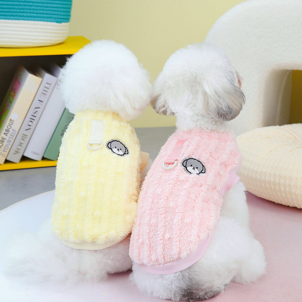 HKM-9880253 Fur Ball Fluffy Jacket for Pets - Coral Fleece, Blue, Khaki, Pink, Yellow, Sizes S-XXL