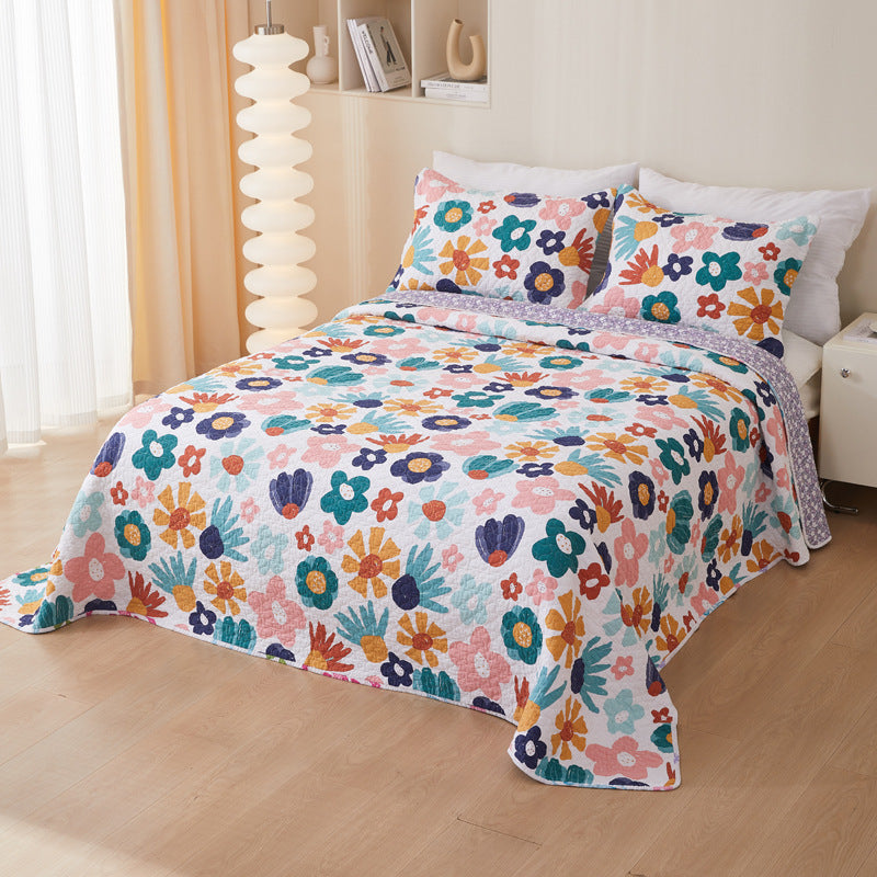 HKM-988435 Cotton Twill Quilted Bedspread Set with Floral Pattern - 3-Piece Bedding Ensemble