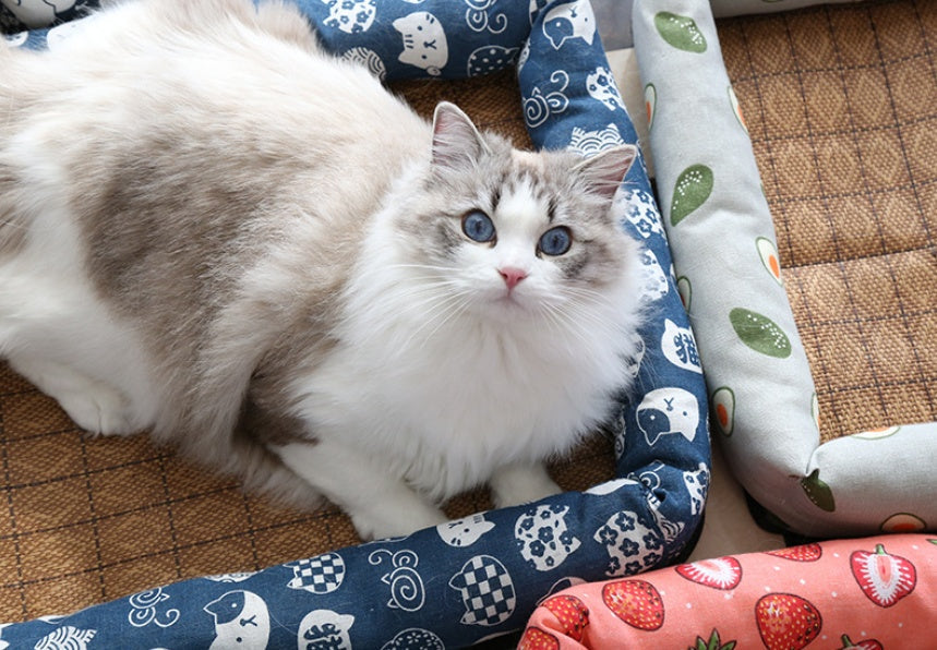 HKM-9889469 Summer Rattan Cat Cooling Mat - Non-Slip Square Nest with Linen Canvas in Multiple Colors