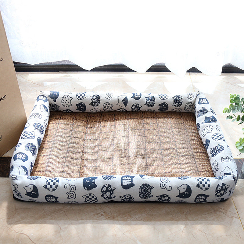 HKM-9889469 Summer Rattan Cat Cooling Mat - Non-Slip Square Nest with Linen Canvas in Multiple Colors
