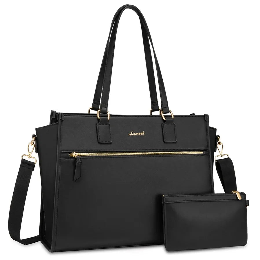 HKM-989139 15.6 Inch Canvas Laptop Tote Bag for Women with Leather Accents Ideal for Office and Business Use