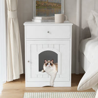 HKM-9900221 Wooden Cat Litter Box Enclosure with Drawer, Indoor Pet Crate and Side Table, White