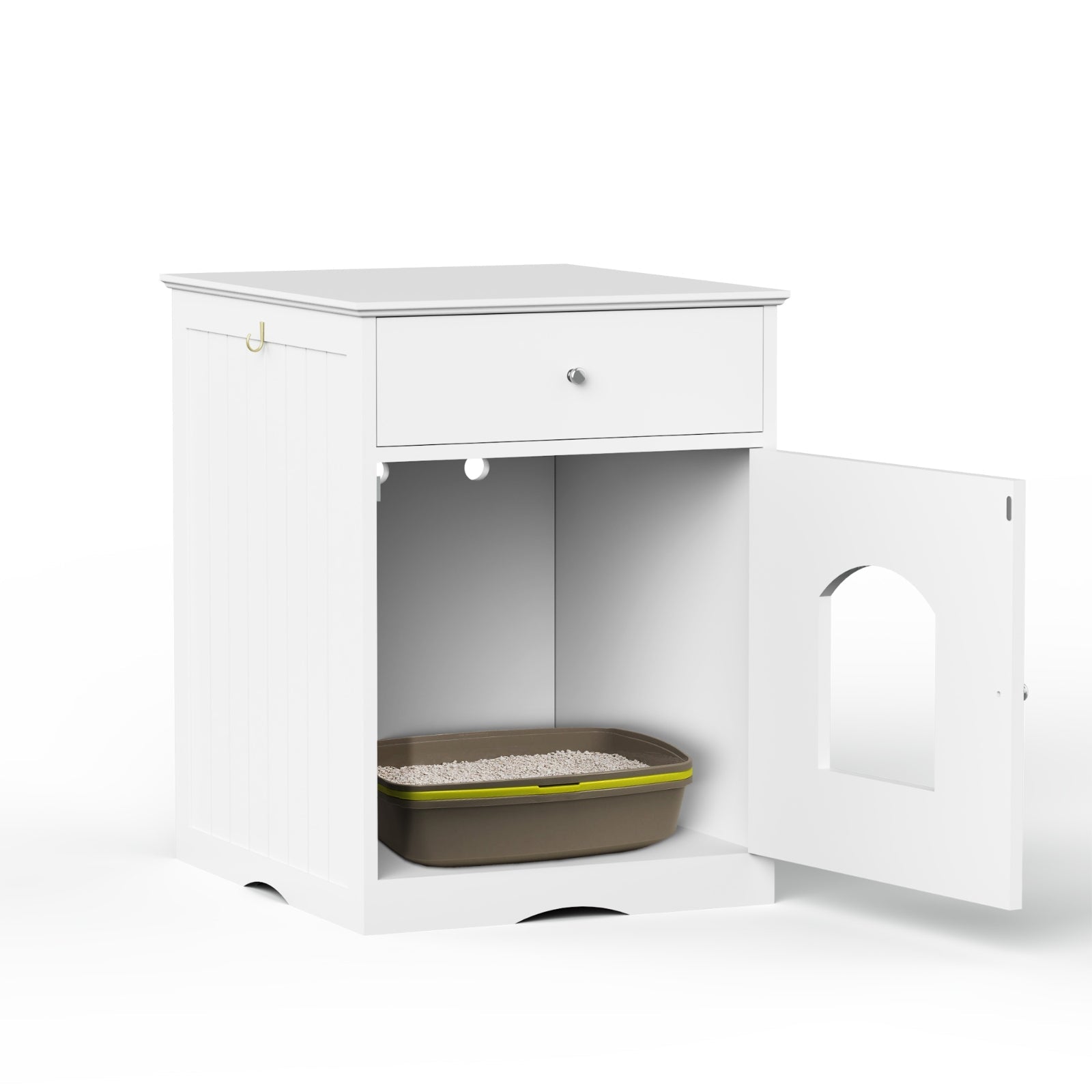 HKM-9900221 Wooden Cat Litter Box Enclosure with Drawer, Indoor Pet Crate and Side Table, White