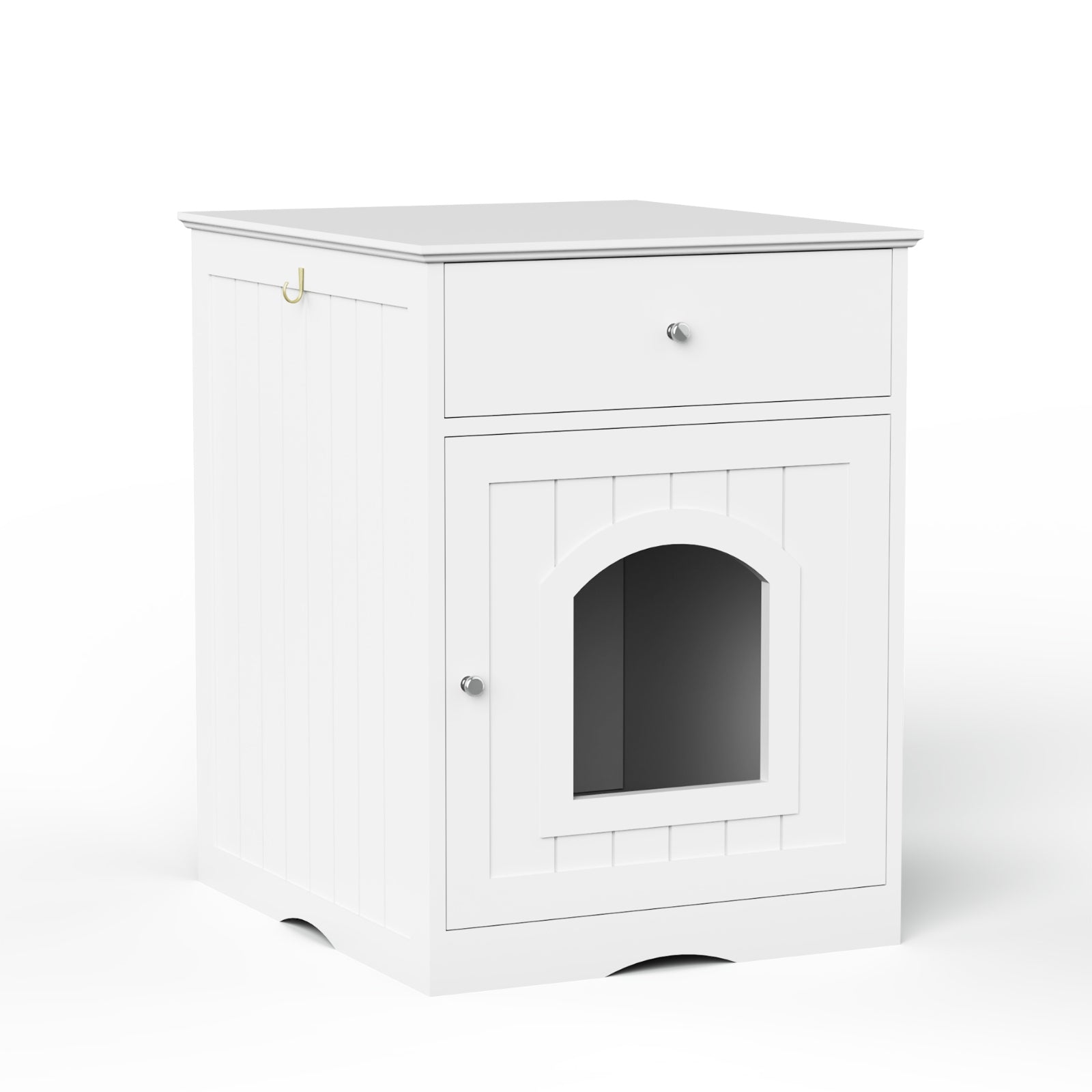 HKM-9900221 Wooden Cat Litter Box Enclosure with Drawer, Indoor Pet Crate and Side Table, White