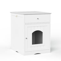 HKM-9900221 Wooden Cat Litter Box Enclosure with Drawer, Indoor Pet Crate and Side Table, White