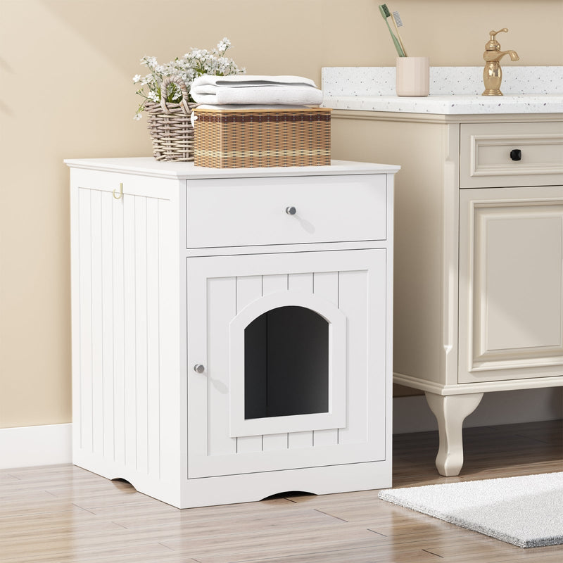 HKM-9900221 Wooden Cat Litter Box Enclosure with Drawer, Indoor Pet Crate and Side Table, White