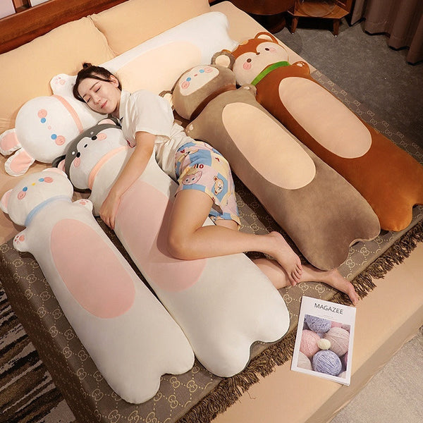 HKM-990035 Cartoon Animal Strip Sleeping Pillow in Cat, Rabbit, Husky, Monkey, and Fox Designs