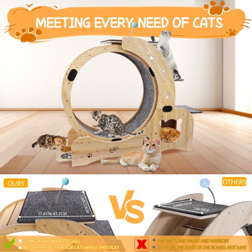 HKM-9901757 Indoor Cat Fitness Wheel - 6-in-1 Natural Wood Cat Treadmill with Silent Pulleys and Stable Design