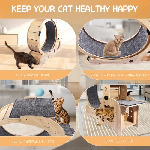 HKM-9901757 Indoor Cat Fitness Wheel - 6-in-1 Natural Wood Cat Treadmill with Silent Pulleys and Stable Design