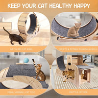 HKM-9901757 Indoor Cat Fitness Wheel - 6-in-1 Natural Wood Cat Treadmill with Silent Pulleys and Stable Design