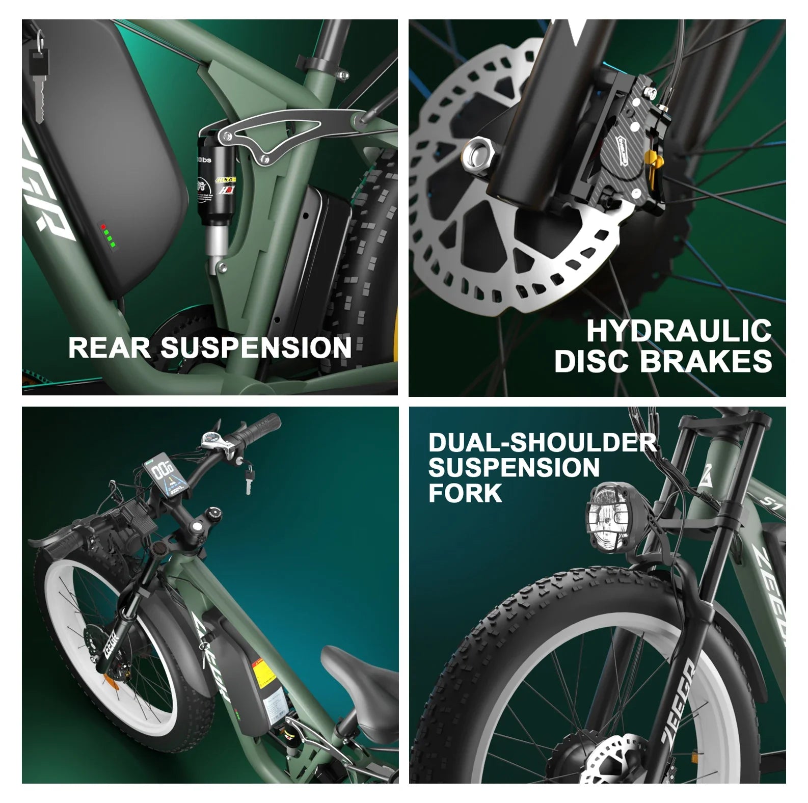 HKM-990291 Powerful 2000W Electric Mountain Bike with 48V Battery and Hydraulic Disc Brakes - 7 Speed, 26" Fat Tires, Color LCD Display