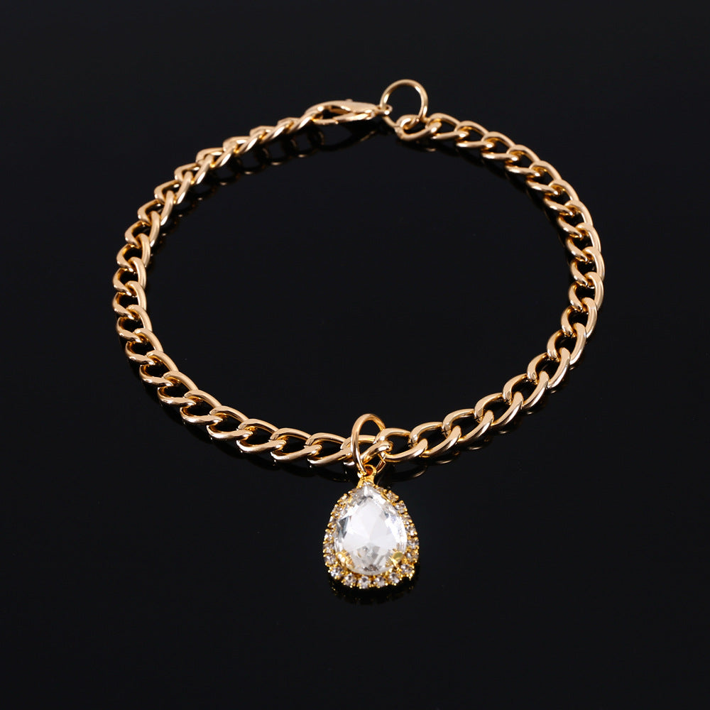 HKM-9904701 Elegant Crystal Pendant Cat Collar with Water Drop Gemstones - Sizes S, M, L