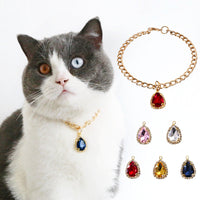HKM-9904701 Elegant Crystal Pendant Cat Collar with Water Drop Gemstones - Sizes S, M, L