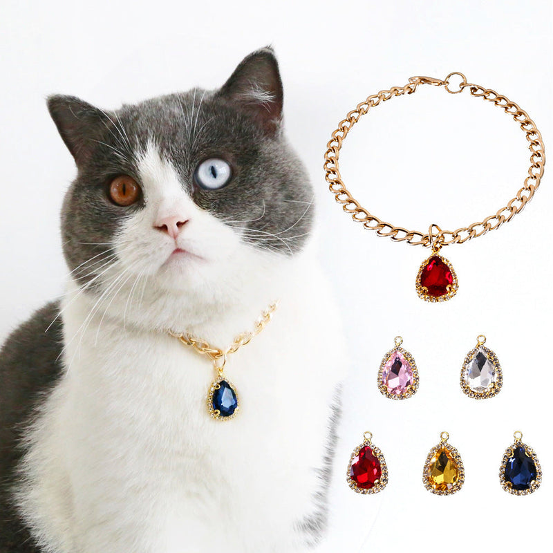 HKM-9904701 Elegant Crystal Pendant Cat Collar with Water Drop Gemstones - Sizes S, M, L