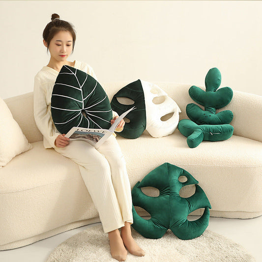 HKM-991123 Large Plush Green Plant Pillow with Philodendron and Monstera Designs