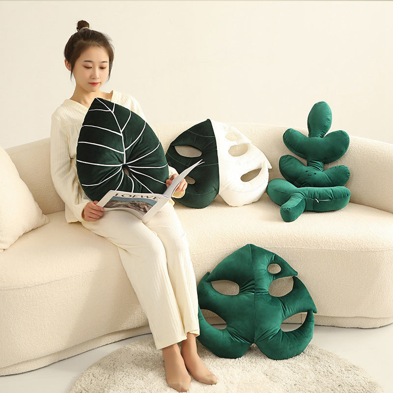 HKM-991123 Large Plush Green Plant Pillow with Philodendron and Monstera Designs