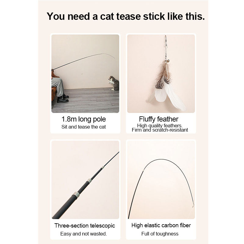 HKM-9913277 Extendable 180cm Cat Toy Stick with Feather Replacement Head and Bells
