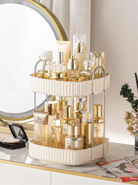 HKM-991635 Two-Layer Rotating Home Storage Organizer Rack in Cream White and Elegant Black