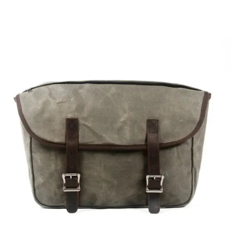 HKM-991763 Detachable Waxed Canvas Motorcycle Saddle Bag with Leather Accents and Zip Closure