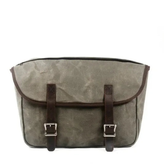 HKM-991763 Detachable Waxed Canvas Motorcycle Saddle Bag with Leather Accents and Zip Closure
