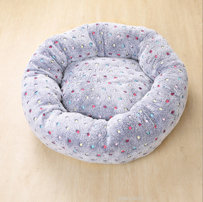 HKM-9918269 Cozy Round Plush Pet Kennel in Grey Dots for Warmth and Comfort