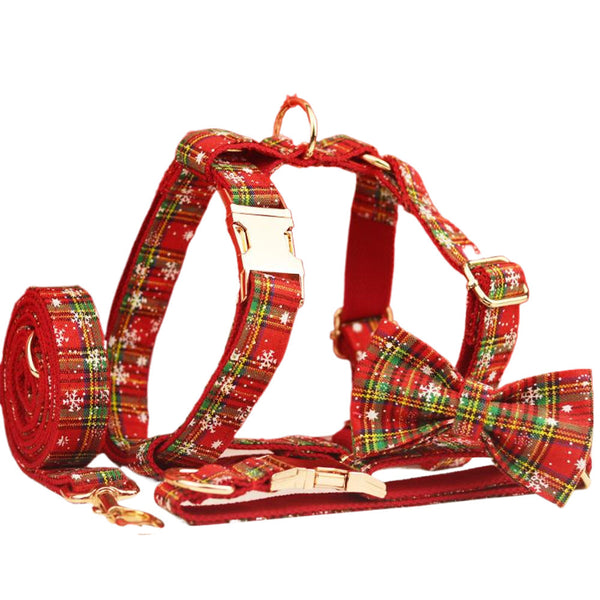 HKM-9919677 Red Snowflake Christmas Pet Collar and Leash Set with Bow and Flowers