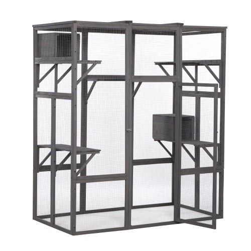 HKM-9921853 Spacious Grey Cat Cage with Outdoor Sun Roof and Elevated Platforms