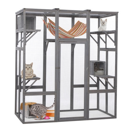 HKM-9921853 Spacious Grey Cat Cage with Outdoor Sun Roof and Elevated Platforms