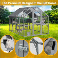 HKM-9925565 Large Outdoor Cat House with Platforms and Waterproof Cover, 110" Cat Enclosure in Grey and Blue