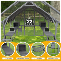 HKM-9925565 Large Outdoor Cat House with Platforms and Waterproof Cover, 110" Cat Enclosure in Grey and Blue