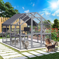 HKM-9925565 Large Outdoor Cat House with Platforms and Waterproof Cover, 110" Cat Enclosure in Grey and Blue
