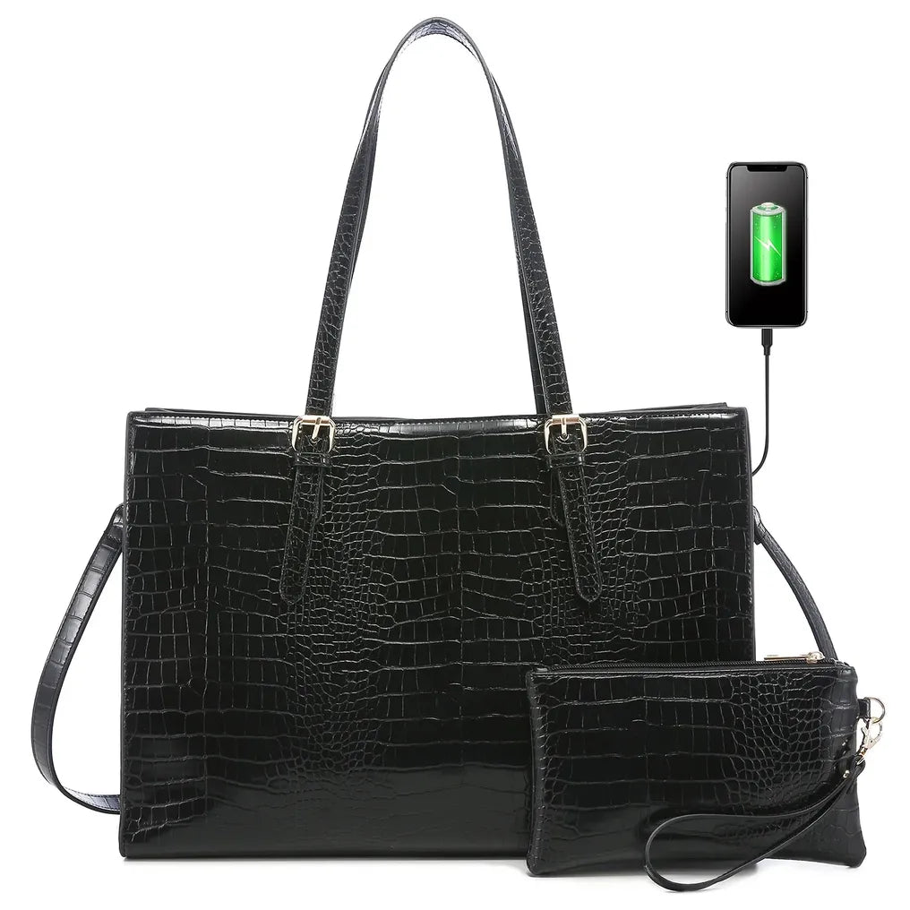 HKM-992595 15.6 Inch Laptop Tote Bag for Women - Stylish PU Leather Handbag for Work and Daily Use