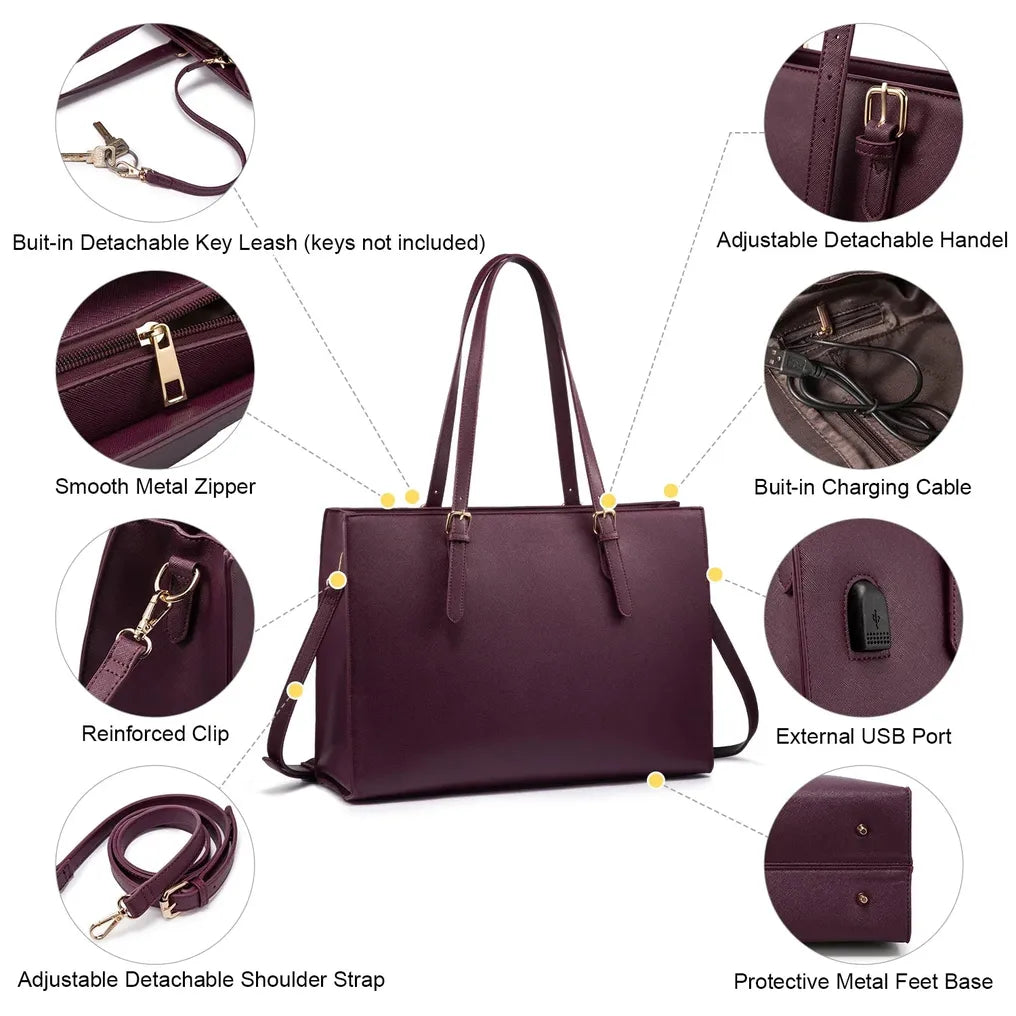 HKM-992595 15.6 Inch Laptop Tote Bag for Women - Stylish PU Leather Handbag for Work and Daily Use