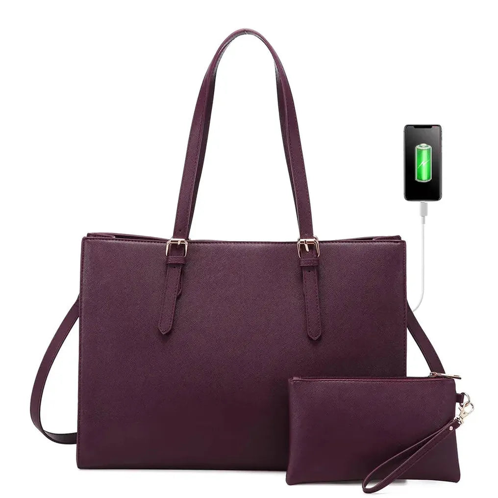 HKM-992595 15.6 Inch Laptop Tote Bag for Women - Stylish PU Leather Handbag for Work and Daily Use