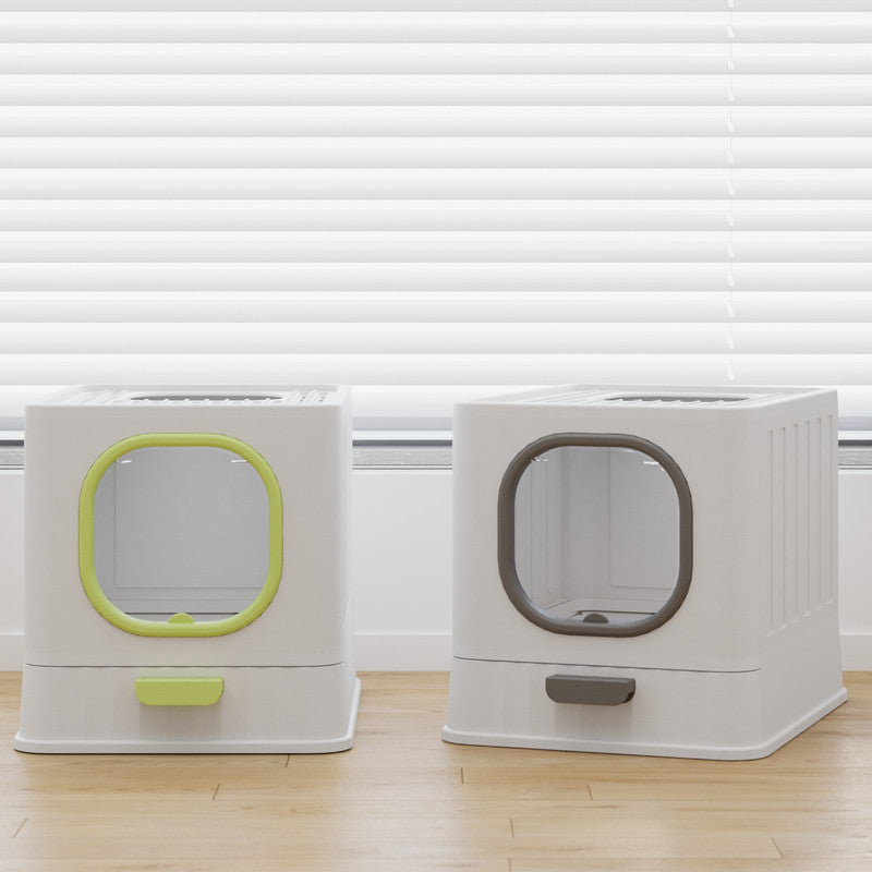 HKM-9931581 Fully Enclosed Large Cat Litter Box ¨C Plastic Folding Design with Anti-Splash Feature in Various Colors