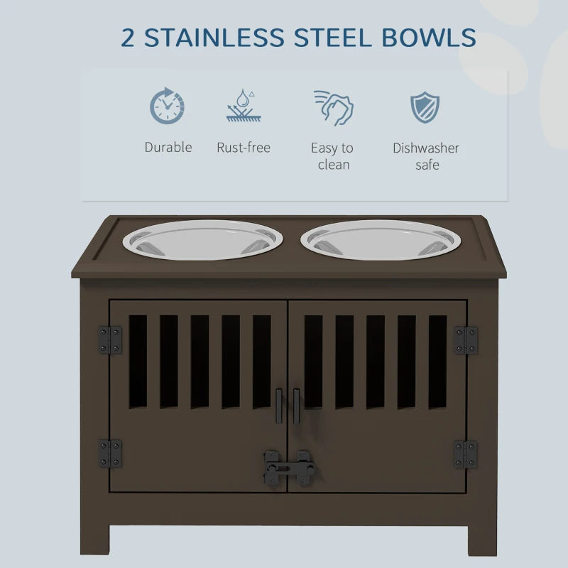 HKM-9933373 Elevated Dog Food Storage Cabinet with Stainless Steel Bowls, Espresso Finish