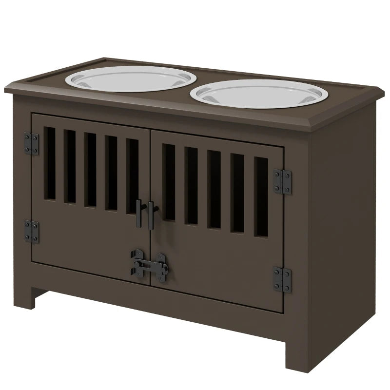 HKM-9933373 Elevated Dog Food Storage Cabinet with Stainless Steel Bowls, Espresso Finish