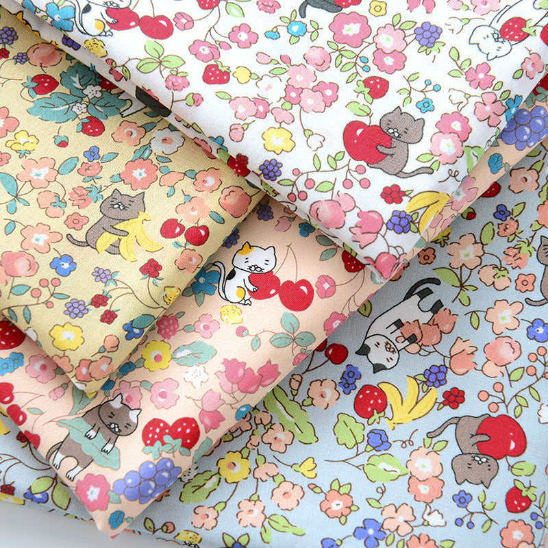 HKM-993363 Pastel Cotton Cartoon Floral Fabric – Light Pink, Light Blue, White, Beige, 50x145cm