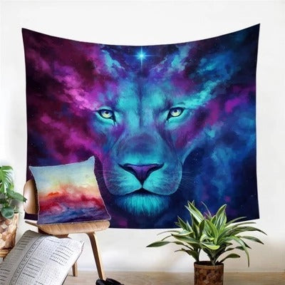 HKM-993747 Galaxy Lion Wall Tapestry - Plush Polyester Fiber for Home Decor, Bedroom & Living Room, Rectangle Shape