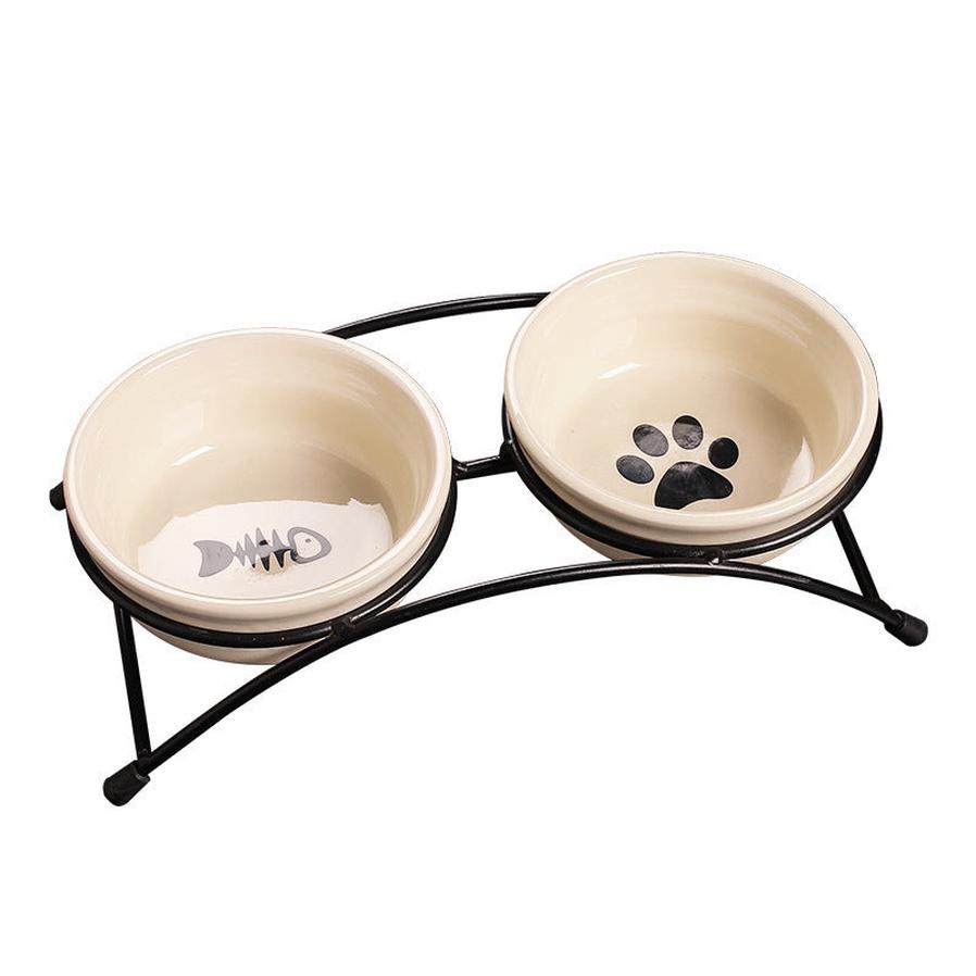 HKM-994195 Ceramic Double Bowl with Iron Stand for Pets - Versatile Food and Water Station