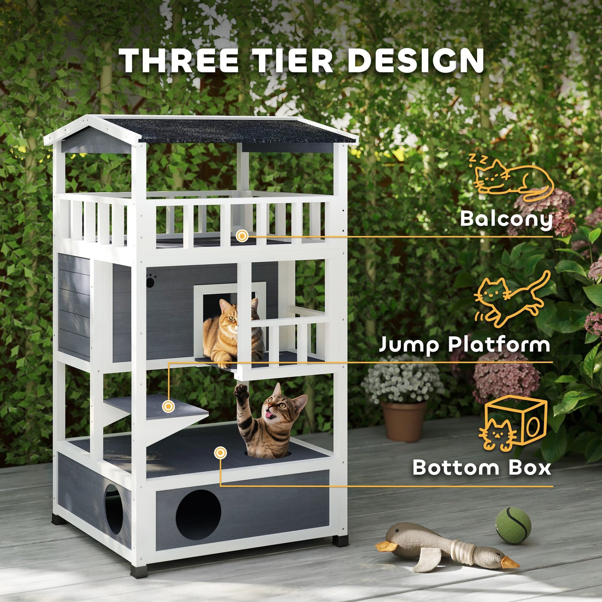 HKM-9945277 Outdoor Cat House with 3-Tier Design and Removable Cat Litter Box Space